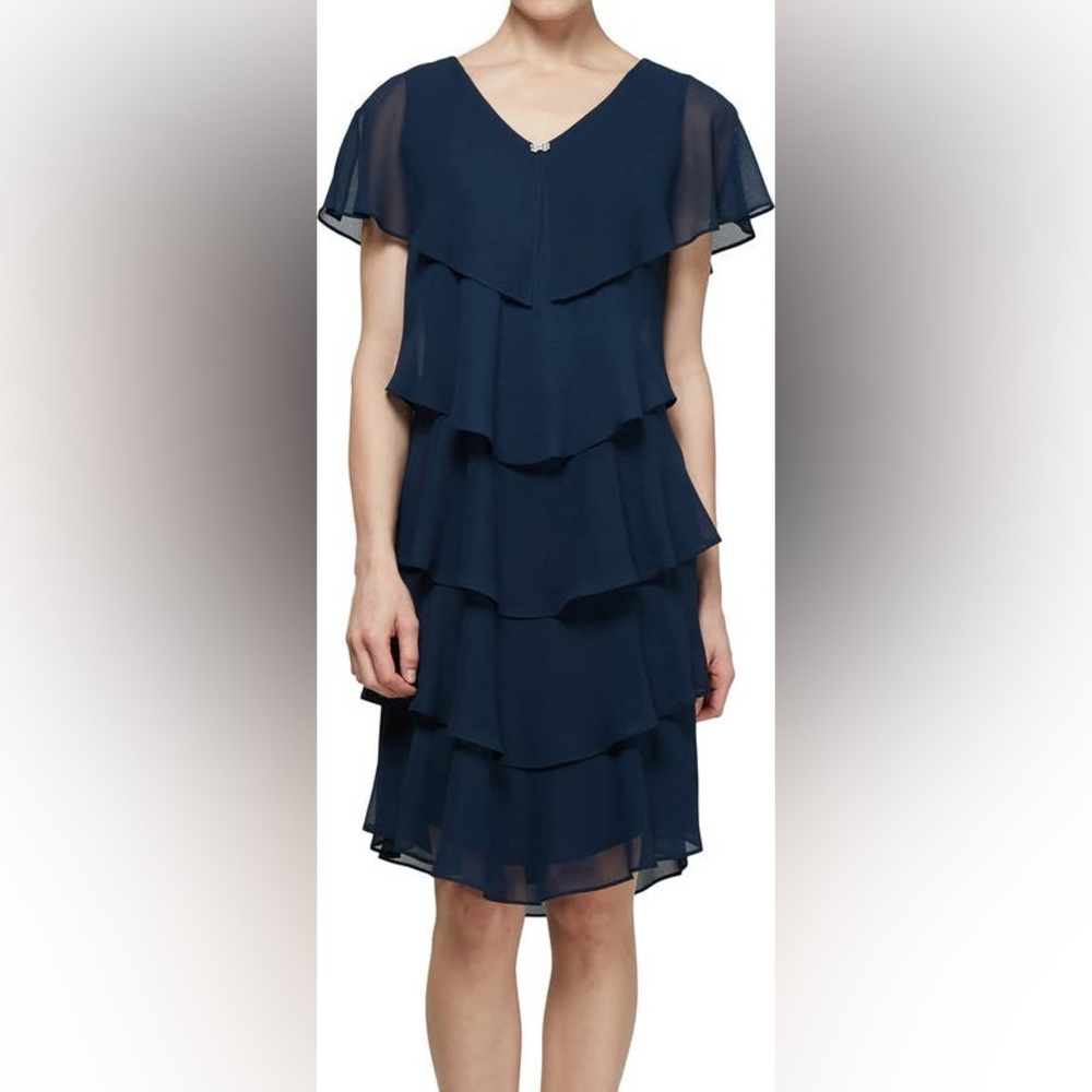 SLNY Elegant Navy Blue Layered Dress